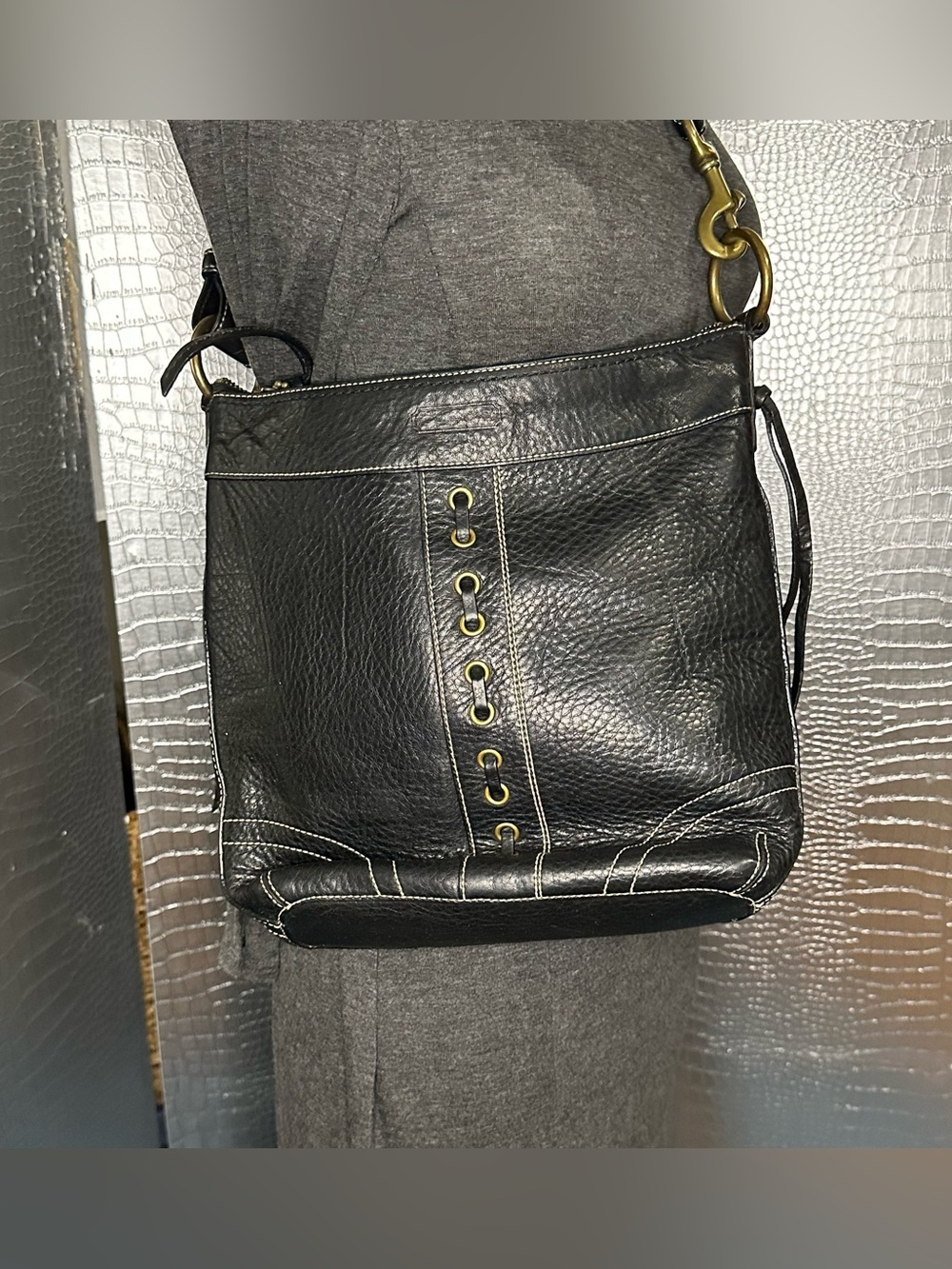 Coach Black Leather Shoulder Bag with Brass Hardware